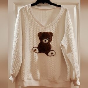 SHEIN White V-Neck Sweater with Teddy Bear